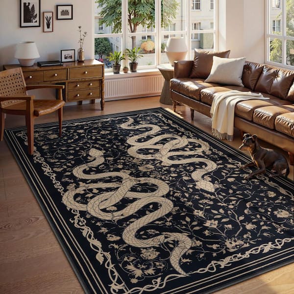 Washable Vintage Snake Pattern Non Slip Black Serpent 5 ft. x 7 ft. Living Room/Bedroom Indoor Area Rug