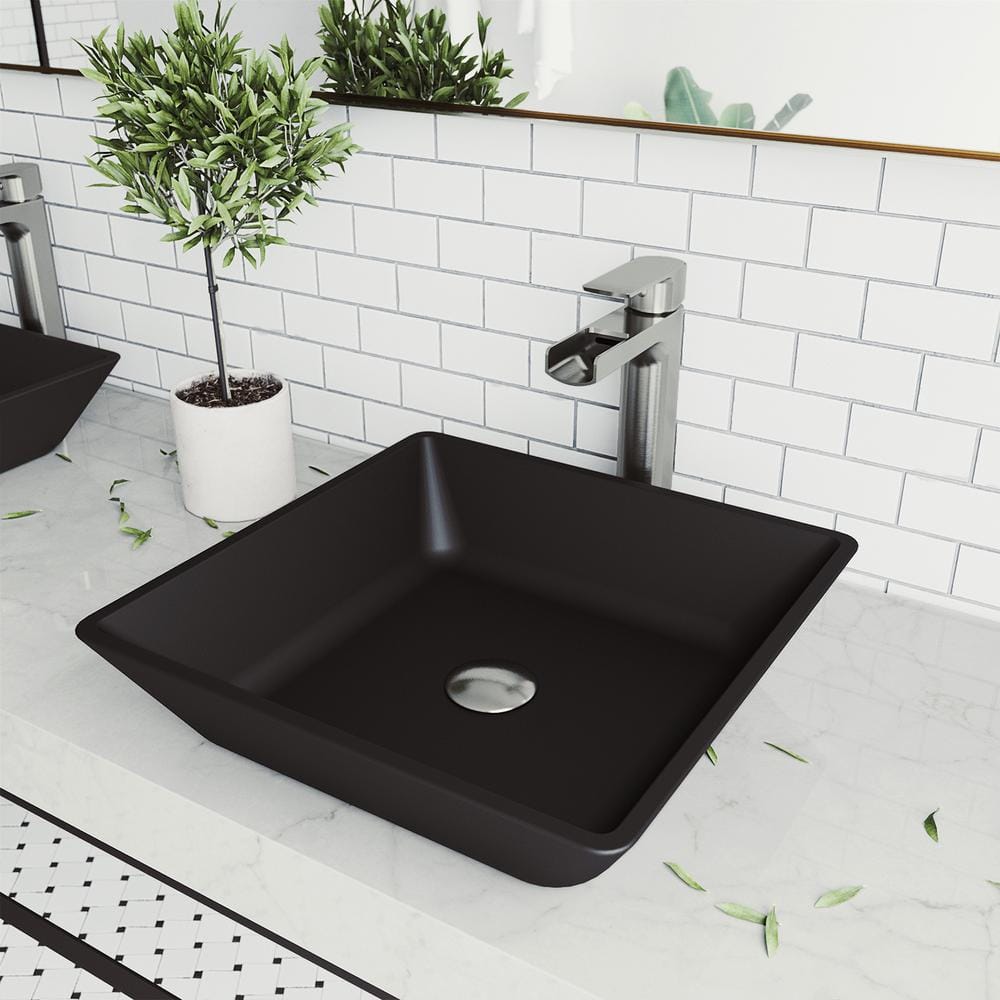 VIGO Roma Modern Black Matte Shell Glass 16 in. L x 16 in. W x 4 in. H ...