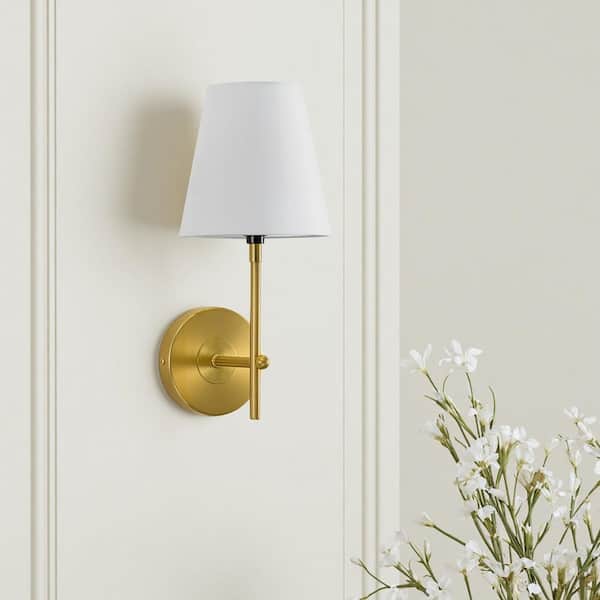 1-Light Brushed Gold Plug-In/Hardwired Swing Arm Wall Lamp with White Fabric Shade for Bedroom and Foyer