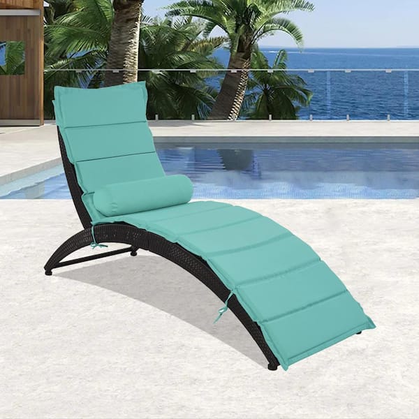 Satico 1-Piece Foldable Rattan Black Wicker Patio Outdoor Chaise Lounge Chair with Cushion in Blue