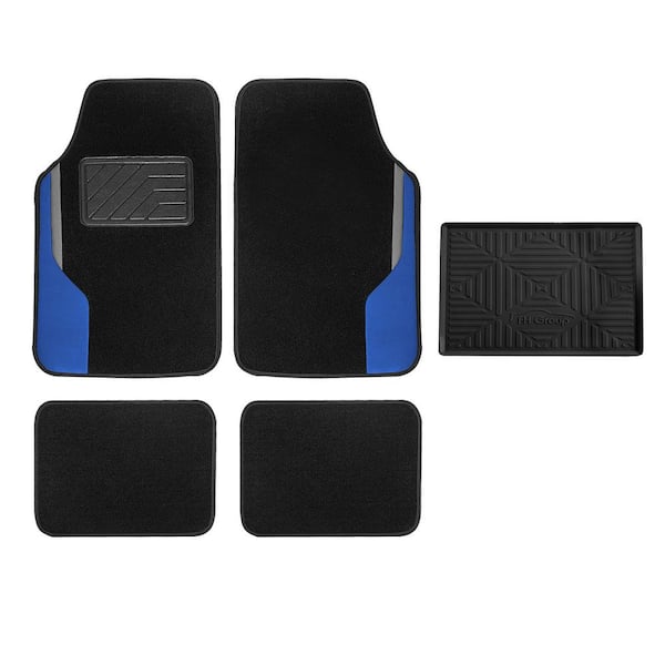 FH Group Blue Color-Block Carpet Liners Non-Slip Car Floor Mats with Faux Leather Accents - Full Set
