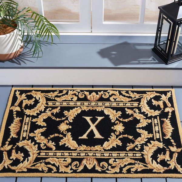 Monogram 3 ft. x 4 ft. Black Ornate Leaf Indoor/Outdoor Area Rug