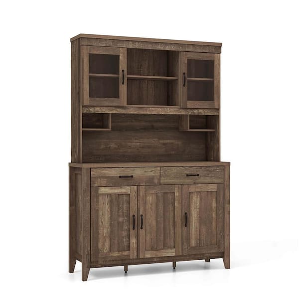 Costway 14-Shelf Brown Feature Kitchen Pantry Cabinet with Microwave Countertop Double Glass Doors 2 Drawers
