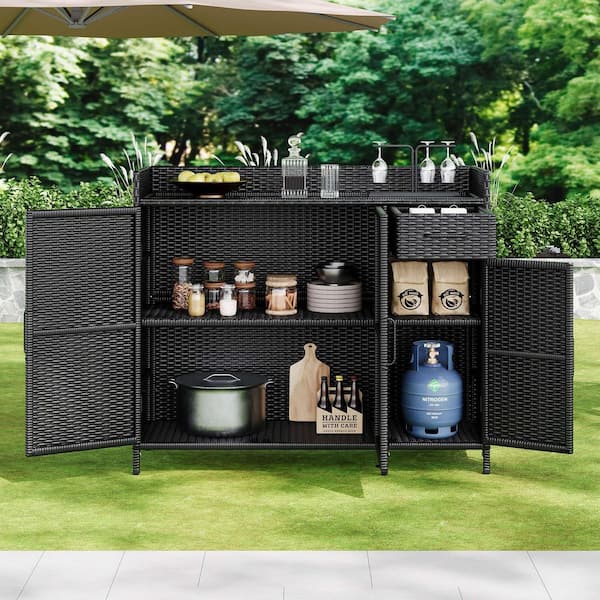 Black Brown Wicker Outdoor Bar Table,Storage Cabinet with Tempered Glass Desktop,3 Doors, Adjustable Shelf, and 1-Drawer