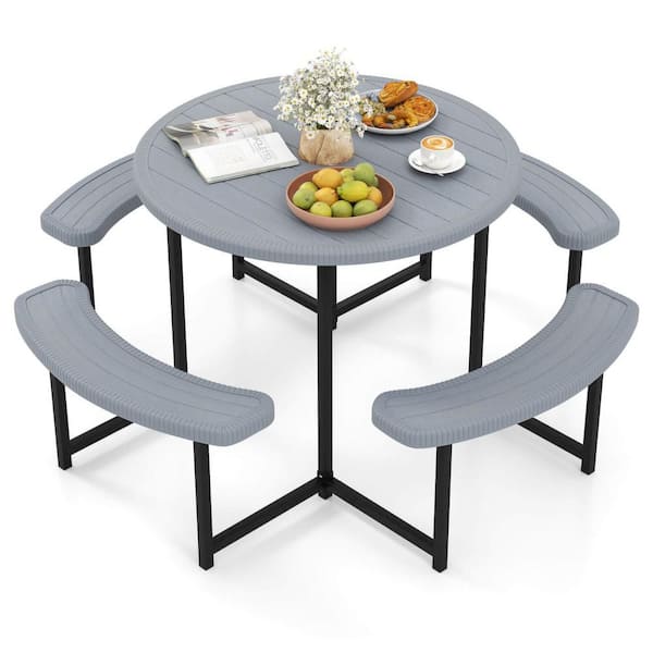 Costway 1-Piece Plastic Round Outdoor Dining Set Picnic Table Bench Set with Umbrella Hole All Weather Tabletop Gray
