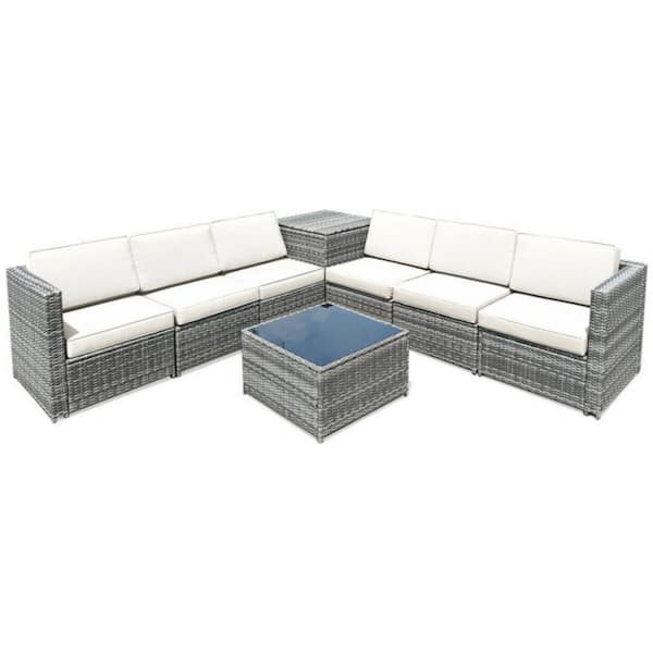 8-Piece Wicker Rattan Patio Conversation Set with Storage Table and Cushion in White