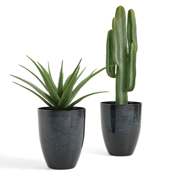 Eco-Friendly Composite Faux Ceramic Gradient Turquoise Tall Floor Planters Pot 2-Pack