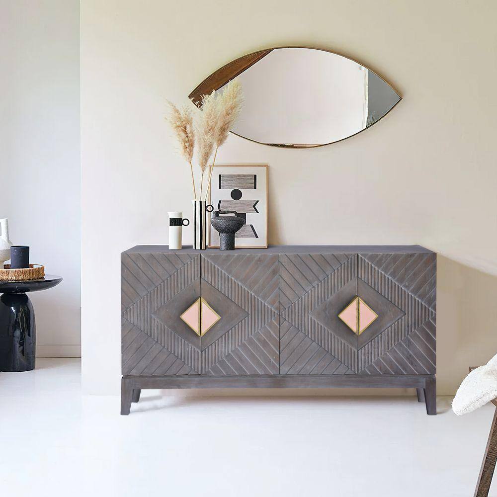 Abiel 55 Inch Gray Mango Wood Sideboard with Diamond Carving