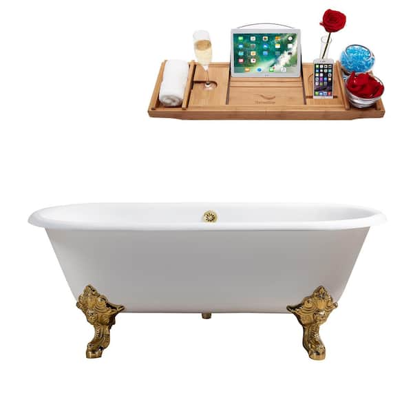 Streamline 68.9 in. Cast Iron Clawfoot Non-Whirlpool Bathtub in Glossy White with Polished Gold Drain And Polished Gold Clawfeet