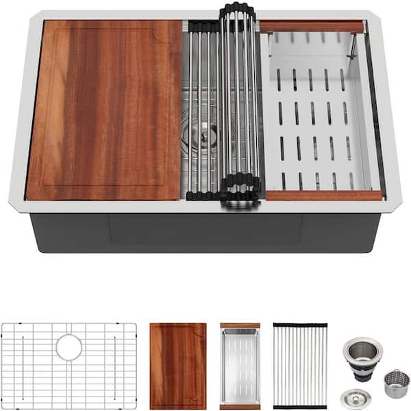 28 in. Undermount Single Bowl 16-Gauge Brushed Stainless Steel Workstation Kitchen Sink