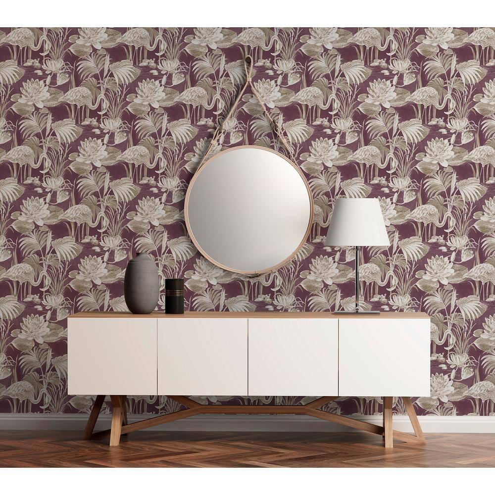 Purple and Off-White Tropical Flamingo Botanical Wallpaper