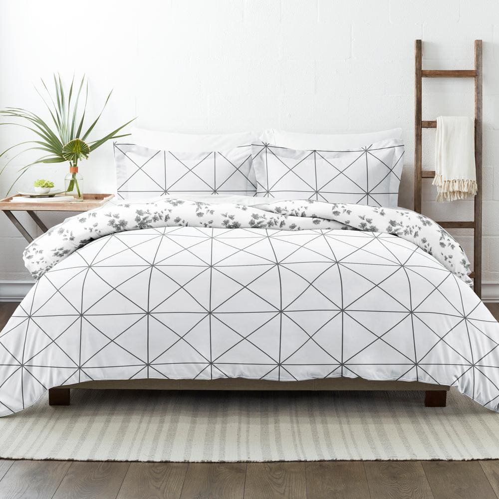 Gray and White Geometric Floral Twin/Twin XL Cotton Duvet Cover Set