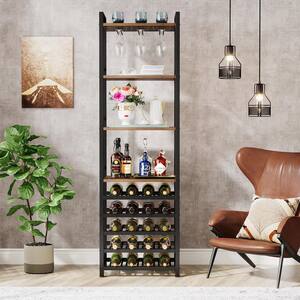 Halsey Brown 9-Tier Freestanding Wine Rack with Glass Holder and Storage Shelves, 20 Bottles Industrial Wine Bar Cabinet