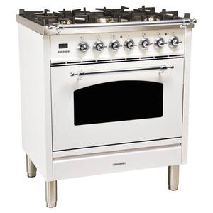 30 in. 3.0 cu. ft. Single Oven Dual Fuel Range with True Convection, 5 Burners, Chrome Trim in White