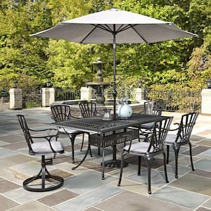 Grenada Charcoal Gray 7-Piece Cast Aluminum Rectangular Outdoor Dining Set with Umbrella with Gray Cushions