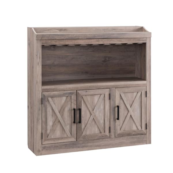 Home Source Industries Home Source Grey Wash Bar Cabinet with Stem Glass Placement and Wooden Doors