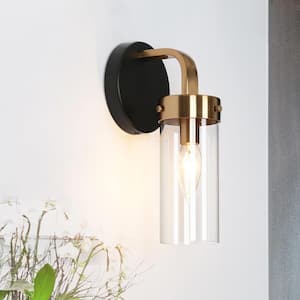 4.7 in. Modern 1-Light Brass Gold Wall Sconce, Matte Black Vanity Light with Cylinder Clear Glass Shades Wall Light