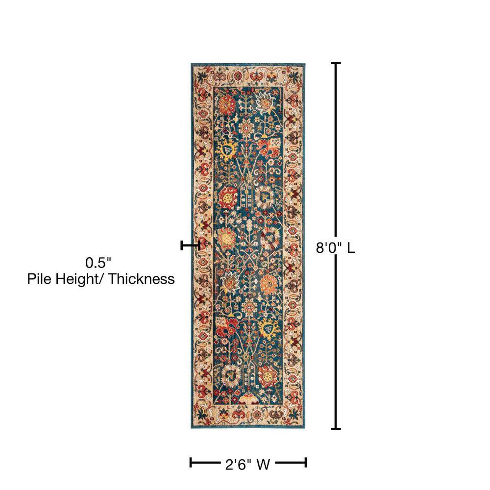 Blue and Tan Floral Synthetic Runner Rug, 2'6" x 8'