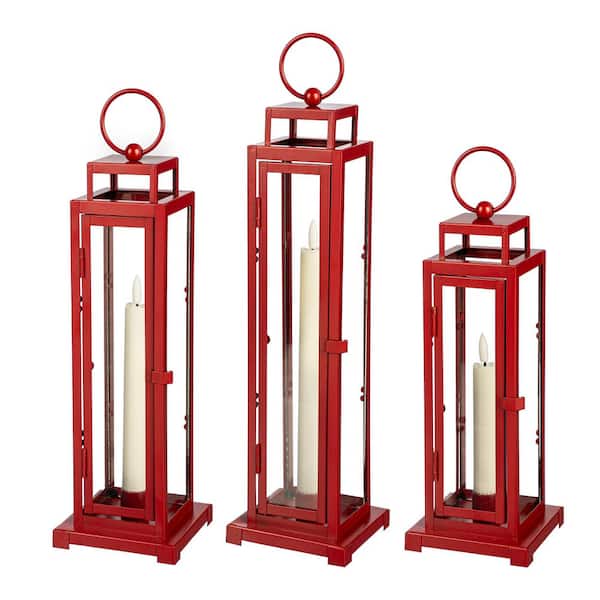 16 in. Christmas Lanterns with LED Candle, Set of 3-Red
