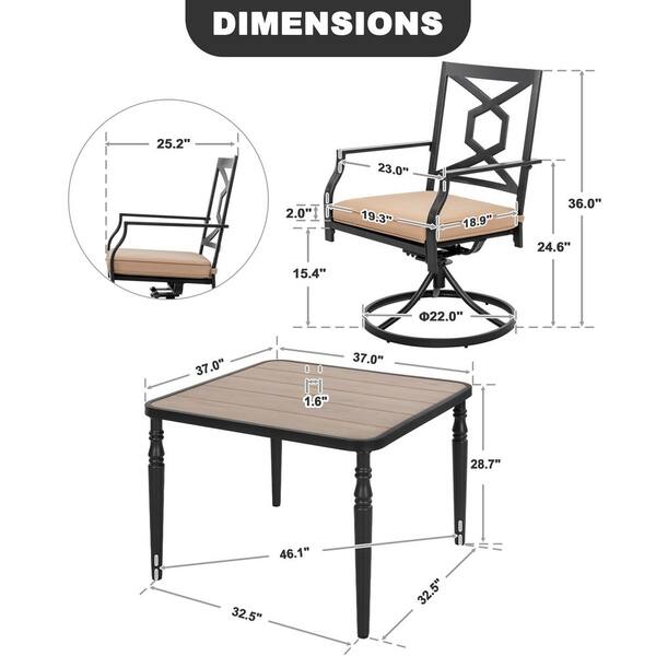 Black 5-Piece Metal Textilene Square Outdoor Dining Set with Beige Cushions and Umbrella Hole, Swivel Design