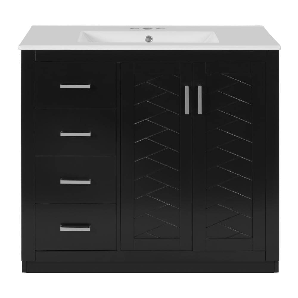 36 in. Freestanding Solid Wood Bathroom Vanity in Black with Glossy White Ceramic Top price history on PriceWatchPro