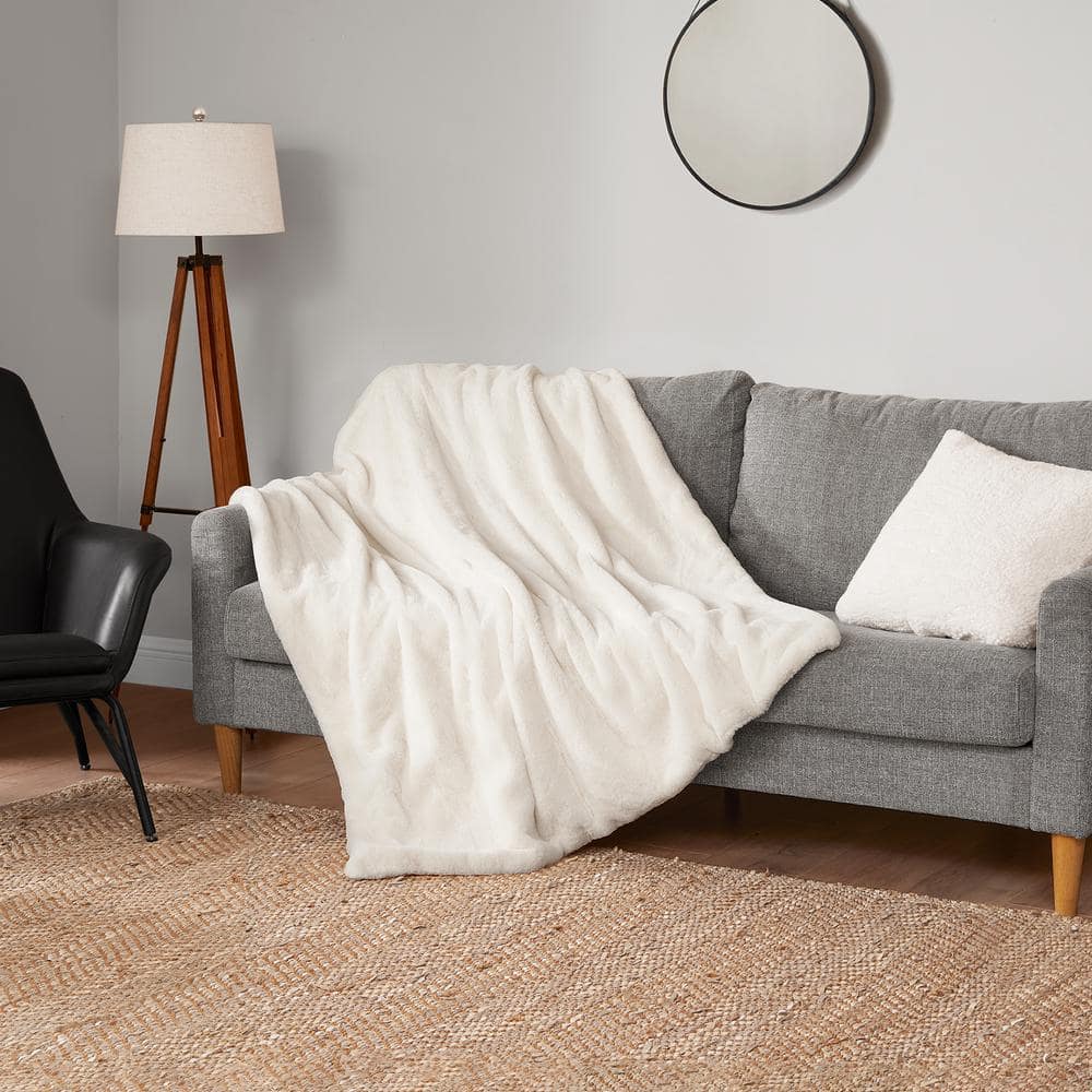 Ivory Faux Rabbit Fur Reversible Throw Blanket 50" x 70"