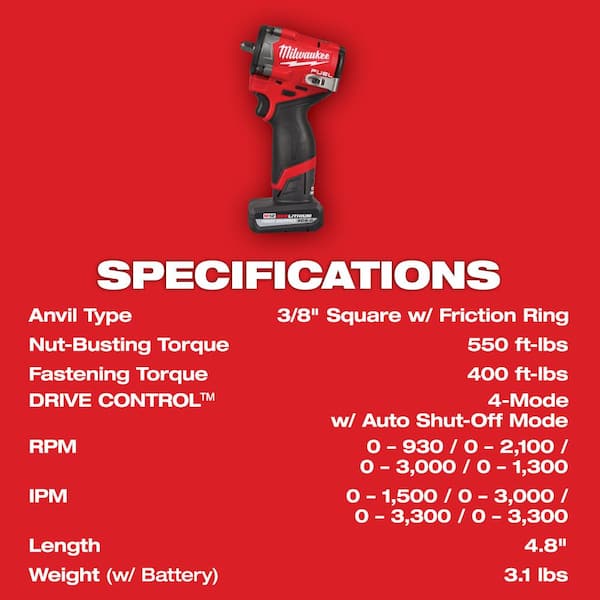 Milwaukee M12 FUEL 12V Li-Ion Brushless Cordless Stubby 3/8