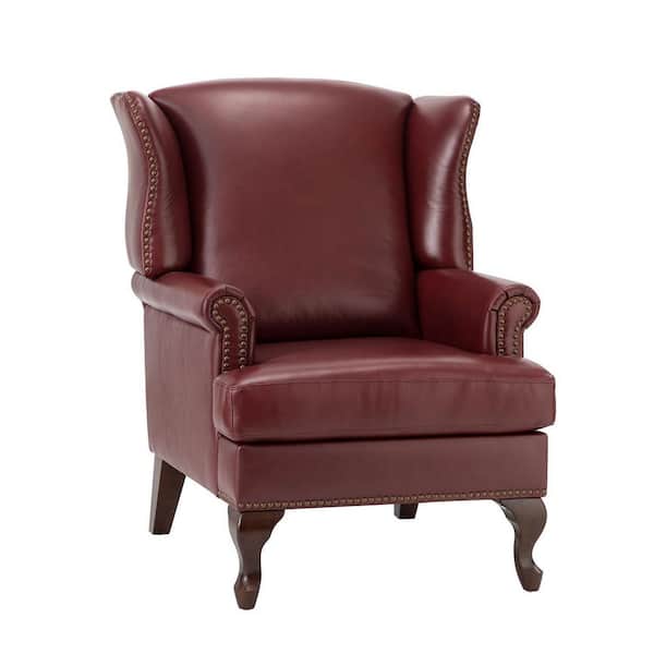 Johannes Burgundy Genuine Leather Armchair with Nailhead Trims