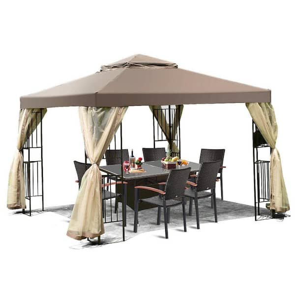 10 ft. x 10 ft. Brown Patio Canopy Tent Screw Free Weather Resistance