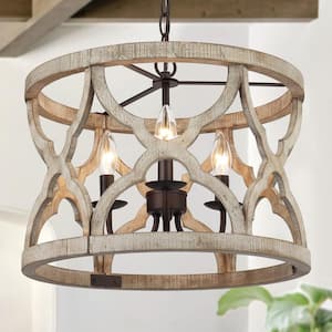 Farmhouse Wood Chandelier 3-Light Island Candlestick Drum Rust Bronze Classic 16 in. Openwork Cage Pendant Chandelier