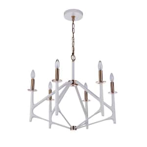 The Reserve 6-Light Matte White/Satin Brass Finish Transitional Chandelier for Kitchen/Dining/Foyer, No Bulbs Included