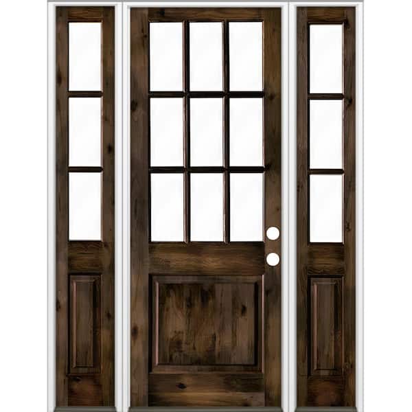 Krosswood Doors 64 in. x 96 in. Knotty Alder 2 Panel Left-Hand/Inswing Clear Glass Black Stain Wood Prehung Front Door w/Sidelites