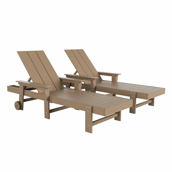 WESTIN OUTDOOR Shoreside 2PC Weathered Wood Fade Proof Plastic Portable Reclining Outdoor Patio Chaise Lounge Armchairs with Wheels