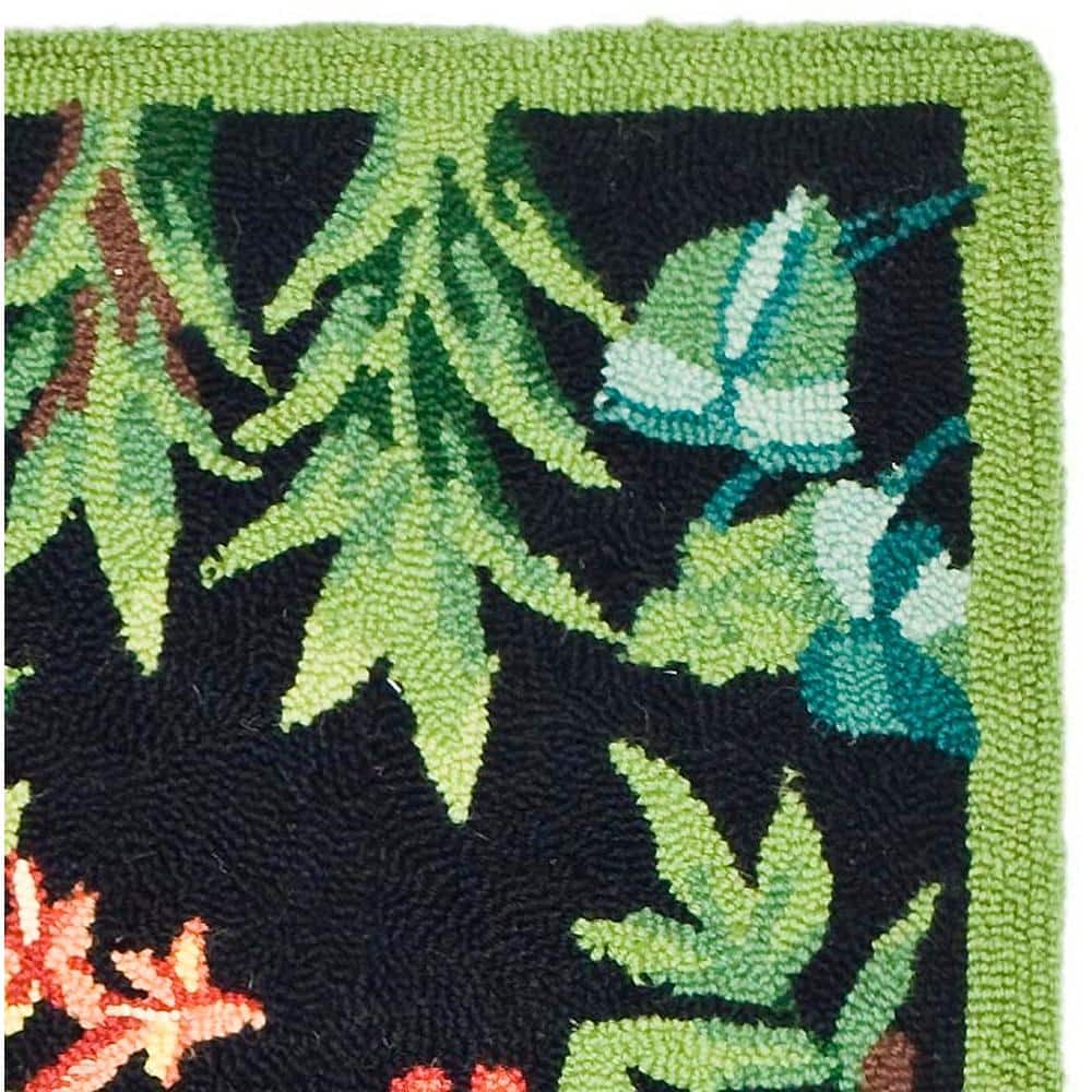 Handmade Black and Green Floral Wool Rectangular Rug