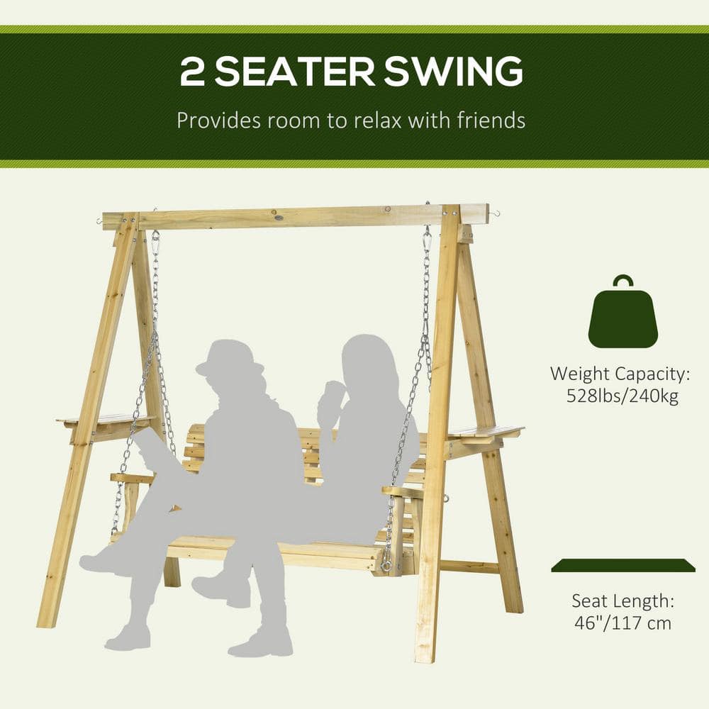 Spacious Two-Person Outdoor Swing Chair with Side Tables in Natural Fir