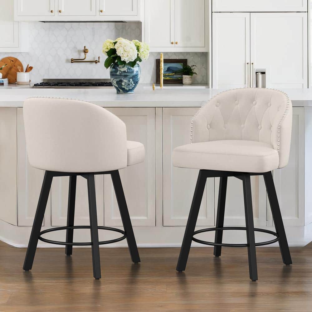 Beige Linen Upholstered Swivel Counter Stools with Metal Frame, Set of 2