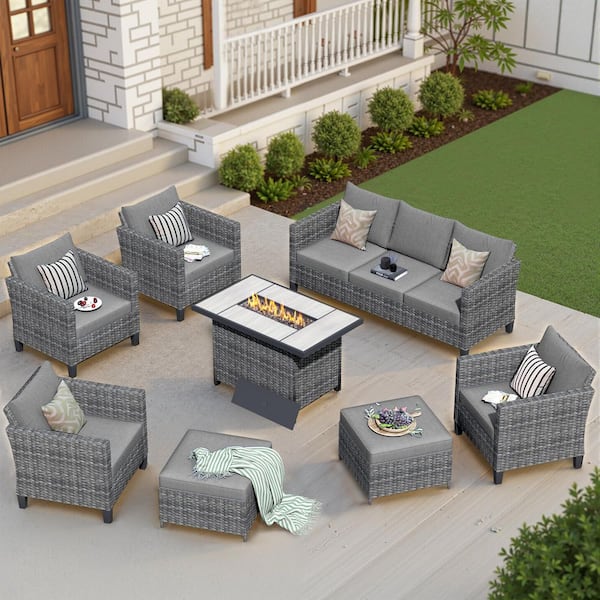 OVIOS New Star Gray 8-Piece Wicker Patio Rectangle Fire Pit Conversation Seating Set with Dark Gray Cushions