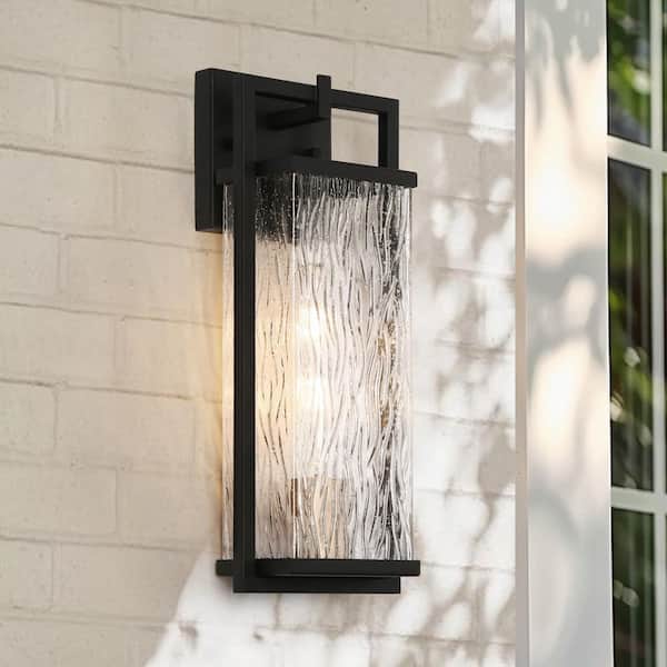 Modern Black Outdoor Wall Lantern Sconce with Textured Seeded Glass Shade Gold 1-Light Porch Patio Decorative Lighting