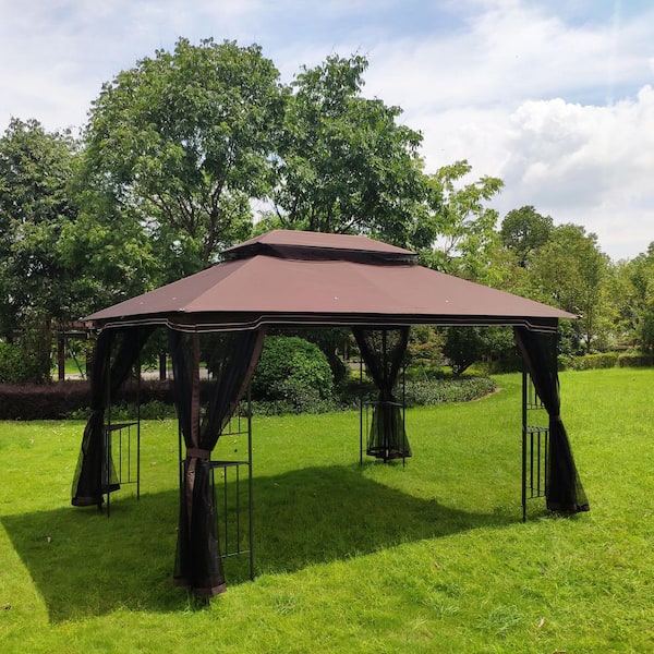 13 ft. x 10 ft. Brown Outdoor Patio Gazebo Canopy Tent with Ventilated Double Roof and Mosquito Net