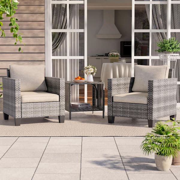 3-Piece Gray Wicker Patio Outdoor Single Sofa Set Set with Side Table Linen Flax Beige Cushion