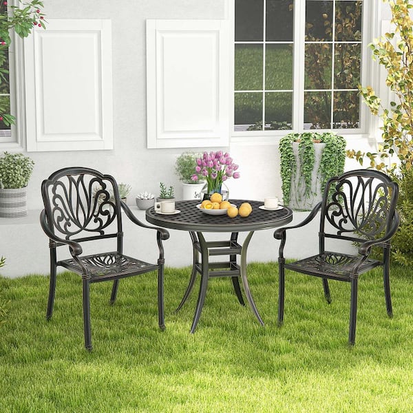 2pc Cast Aluminum Stackable Outdoor Dining Chairs Armrests in Bronze