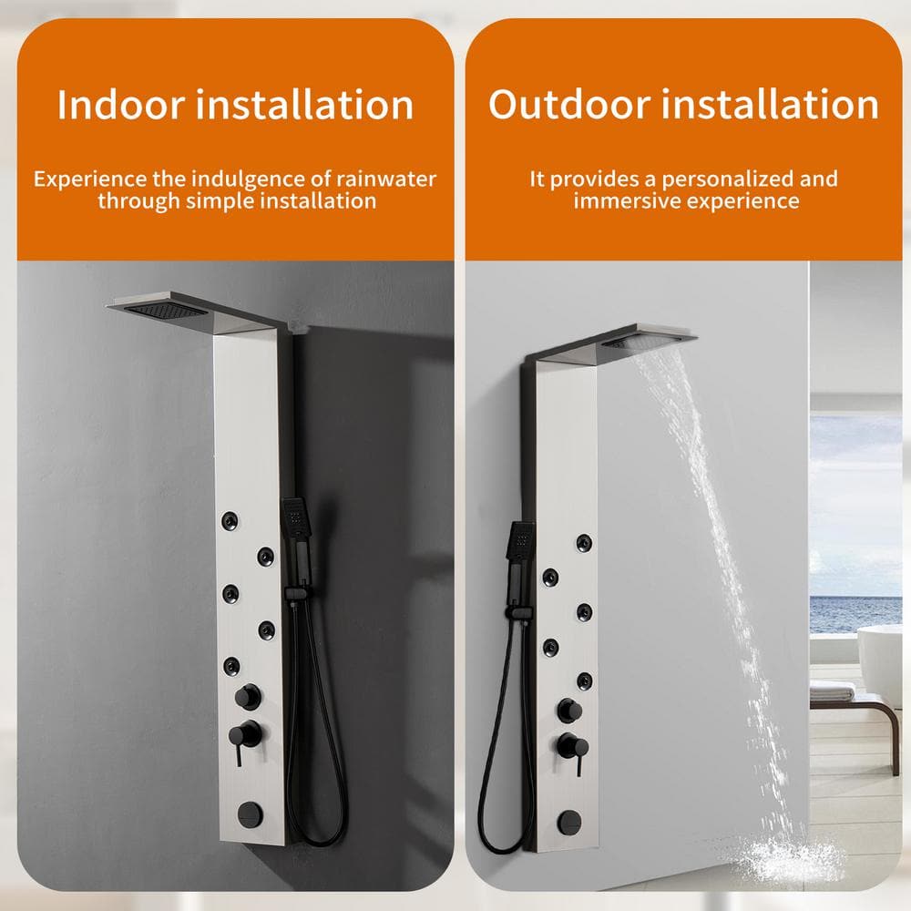 Brushed Nickel 4-Jet Rainfall Shower Panel System with Handheld Wand