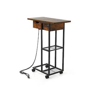 23 in. Brown C-shaped End Table with Charging Station and USB Port Sliding Sofa Side Table with Lockable Casters