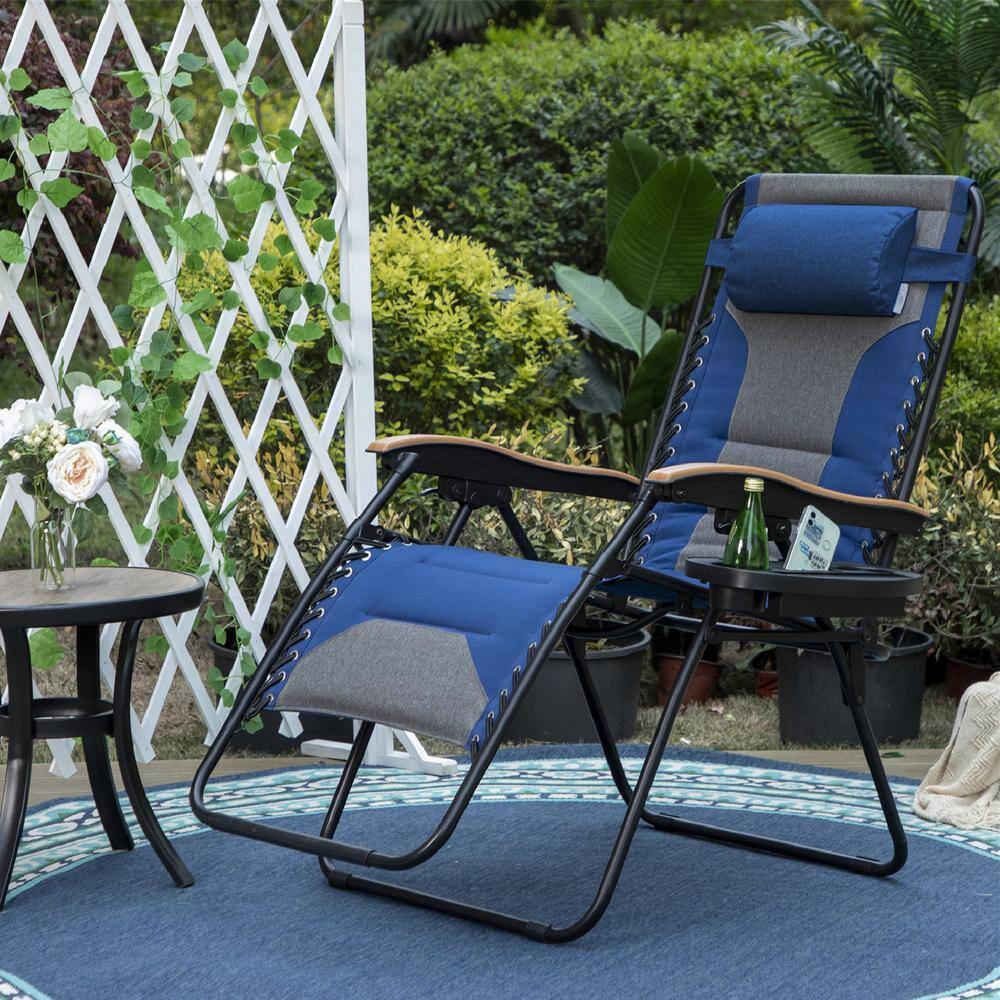 PHI VILLA Grey and Blue Metal Oversized Padded Folding Zero Gravity