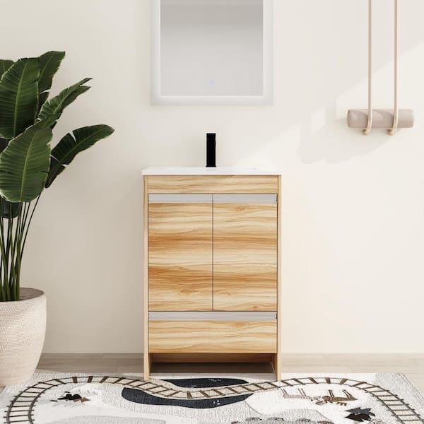 ARTCHIRLY 24 in. W x 18.3 in. D x 35.4 in. H Freestanding Bath Vanity in Light Orange with White Resin Vanity Top