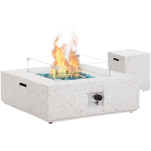 35 in. Outdoor Concrete Firepit Table with Gas Hose Lava Stones AA Battery and Cover in White