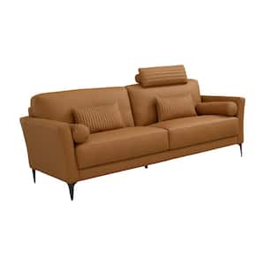 Tussio 84 in. Flared Arm Leather Upholstery Straight Sofa with 5 Pillows in Saddle Tan Orange