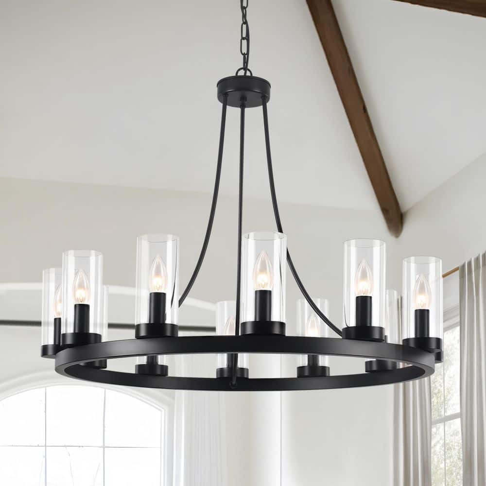 12-Light Modern Black Wagon Wheel Chandelier with Clear Cylinder Glass Shades price history on PriceWatchPro