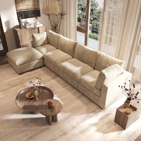 134 in. W Square Arm 5-Piece Chenille Modular Sectional Sofa with Ottoman, Removable Washable Covers in Brown