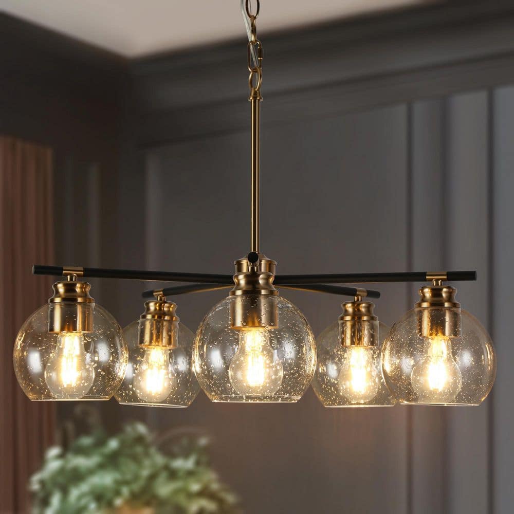 Brass Gold 23 in. 5-Light Modern Farmhouse Pendant, Seeded Glass and Matte Black Finish, Dining Room Vintage Chandelier price history on PriceWatchPro